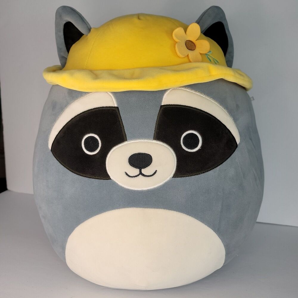 Squishmallows Original 14" Rocky Grey Raccoon Yellow Bucket Hat Jazwares Plush